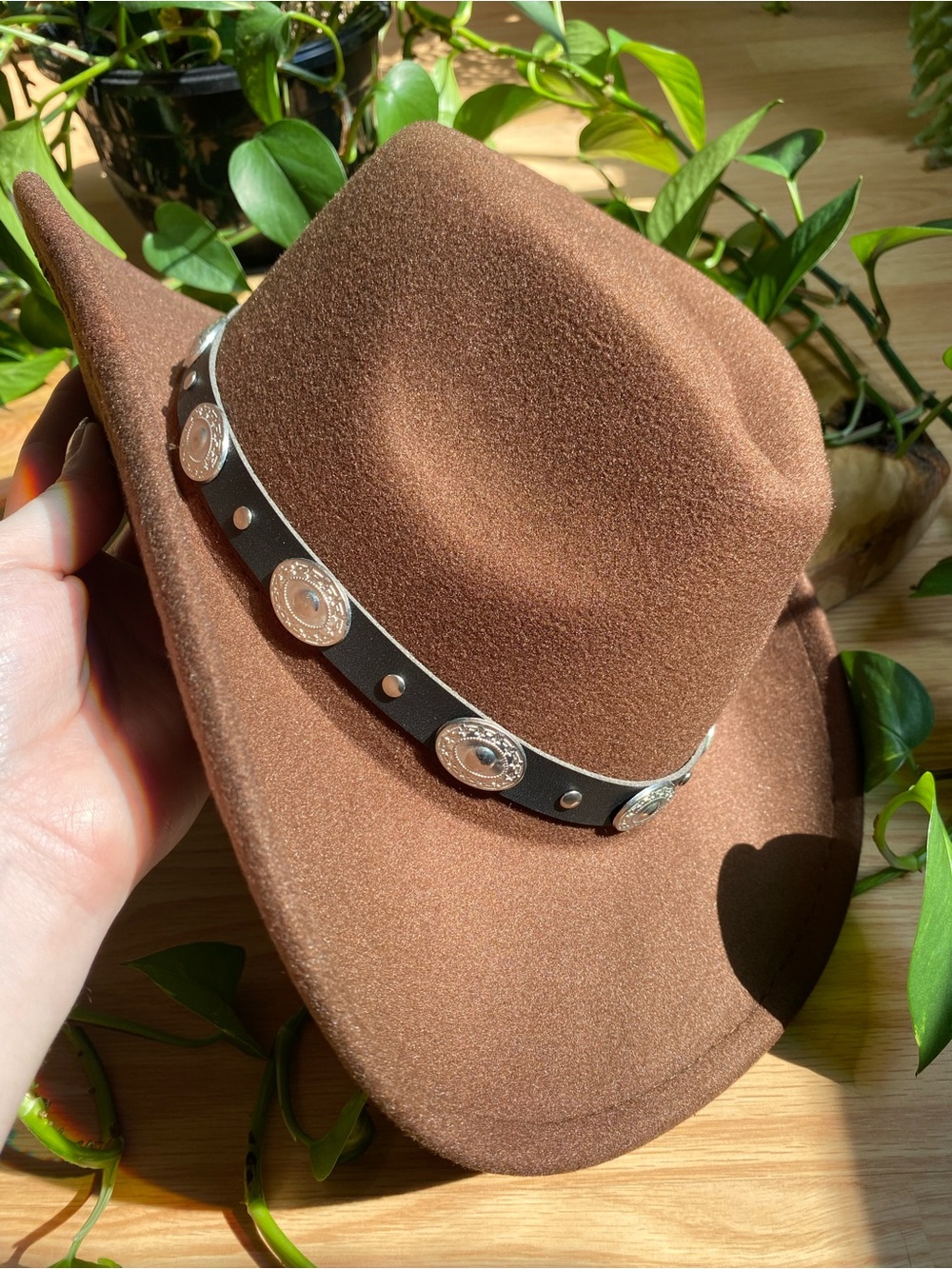 🎃 Brown Felt Cowboy Hat black & silver Decorative Band Halloween Costume Western